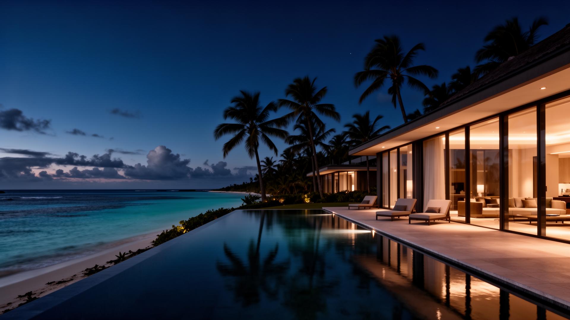 Luxury beachfront residence in Mauritius at dusk